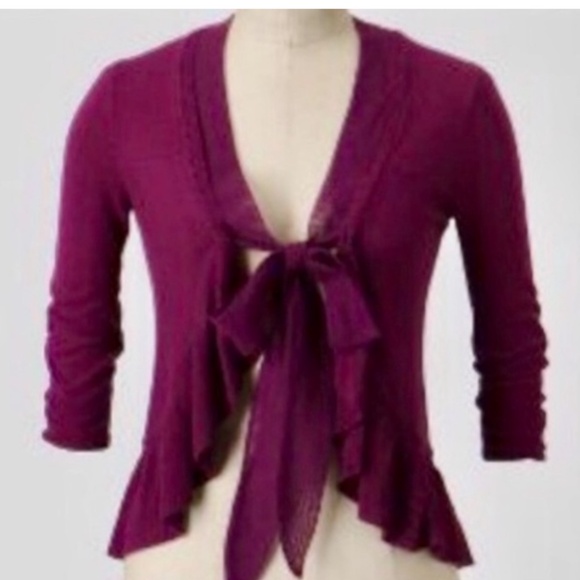 Anthropologie Guinevere Plum Ruffle Cardigan with Bow Tie Closure - Picture 3 of 4